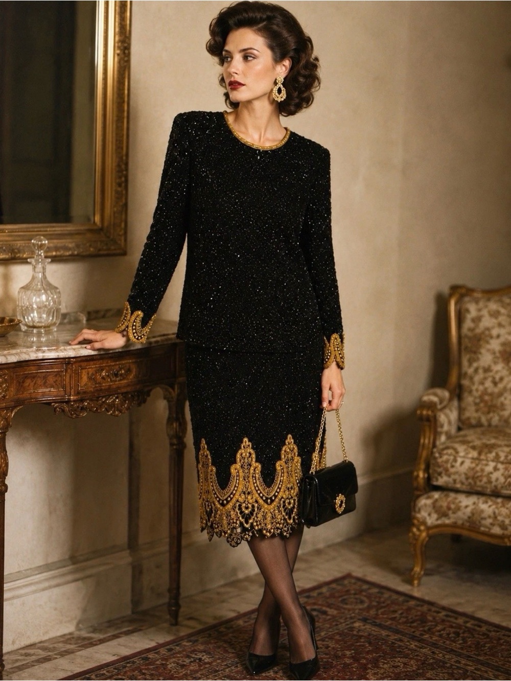 VTG 1980s Night Vogue 100% Silk Beaded Black & Gold Cocktail Dress Size Small